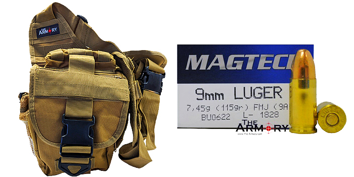 9mm 115gr FMJ Magtech Ammo 350 Rounds in The Armory Tan Shoulder Bag