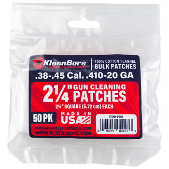 KleenBore Cotton Flannel Patches - 38 / 45 / 9mm / 410 / 20 GA (50 ct)