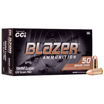 9mm Luger (9x19mm) 124gr FMJ CCI Blazer Brass Ammo Box (50 rds)