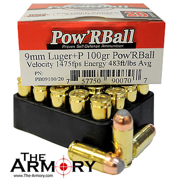 9mm Luger (9x19mm) 100gr +P Pow'R Ball Corbon Ammo Box (20 rds)