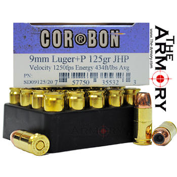 9mm Luger (9x19mm) 125gr +P JHP Corbon Ammo Box (20 rds)