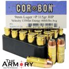9mm Luger (9x19mm) 115gr +P JHP Corbon Ammo Box (20 rds)