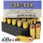 9mm Luger (9x19mm) 90gr +P JHP Corbon Ammo Box (20 rds)