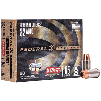 32 Auto (ACP) 65gr Hydra-Shok JHP Federal Personal Defense Ammo Box (20 rds)