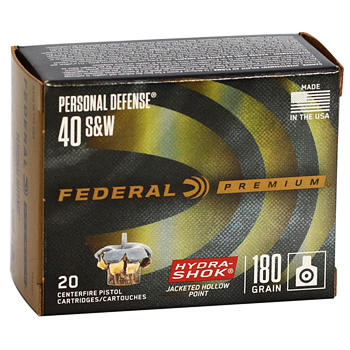 40 S&W 180gr Hydra-Shok JHP Federal Personal Defense Ammo Box (20 rds)