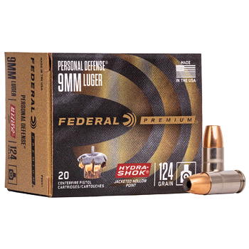 9mm Luger 124gr Hydra-Shok JHP Federal Personal Defense Ammo Box (20 rds)