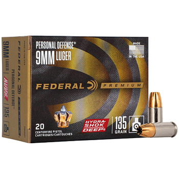 9mm Luger 135gr Hydra-Shok Deep Federal Personal Defense Ammo Box (20 rds)
