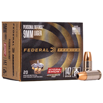 9mm Luger 147gr Hydra-Shok JHP Federal Personal Defense Ammo Box (20 rds)