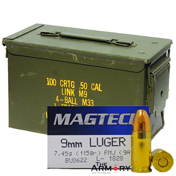 9mm Luger (9x19mm) 115gr FMJ Magtech Ammo in a 50 Cal Ammo Can (500 rds)