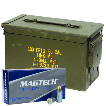 9mm Luger (9x19mm) 115gr FMJ Magtech Steel Ammo in a 50 Cal Ammo Can (1000 rds)