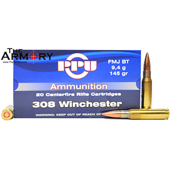 308 Win (7.62x51mm) 145gr FMJBT PPU Ammo Box (20 rds)