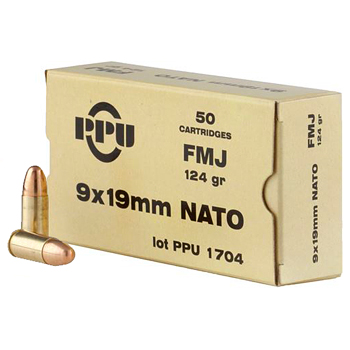 9mm (9x19mm) NATO 124gr FMJ PPU Ammo Box (50 rds)