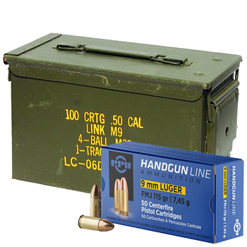 9mm Luger (9x19mm) 115gr FMJ PPU Ammo Case in a 50 Cal Ammo Can (1000 rds)