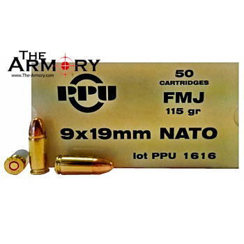 9mm NATO (9x19mm) 115gr FMJ PPU Ammo Box (50 rds)