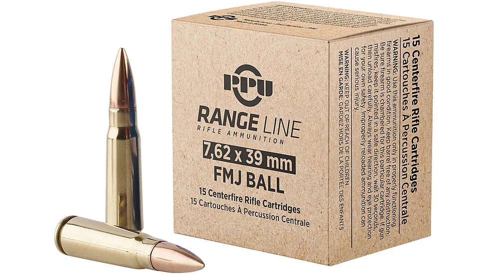 7.62x39 123gr FMJ PPU Range Ammo Box (15 rds)