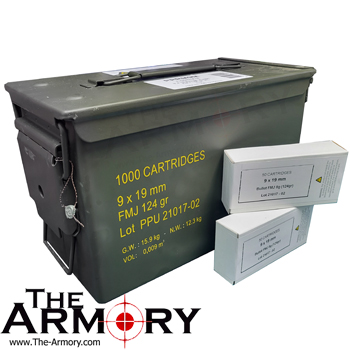 9mm Luger 124gr FMJ PPU Rangemaster + NEW Ammo Can (1000 rds)