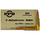 308 Winchester (7.62x51mm) M80 145gr FMJBT PPU Ammo Box (20 rds)
