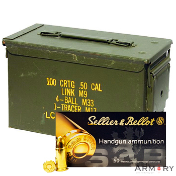 9mm Luger (9x19mm) 115gr FMJ Sellier & Bellot Ammo in a 50 Cal Ammo Can (500 rds)