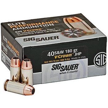 40 S&W 180gr JHP Sig Sauer Elite V-Crown Ammo Box (20 rds)