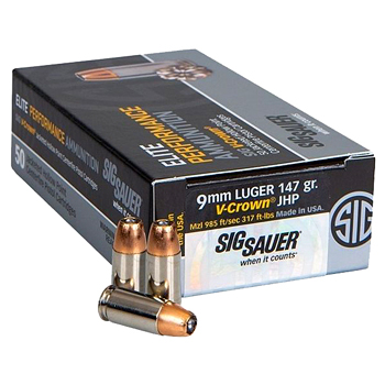9mm Luger (9x19mm) 147gr JHP Sig Sauer Elite V-Crown Ammo Box (50 rds)