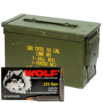 223 Remington (5.56x45mm) 55gr FMJ Wolf Performance Ammo 1000 rounds in a USGI Military Surplus .50-Cal Ammo Can