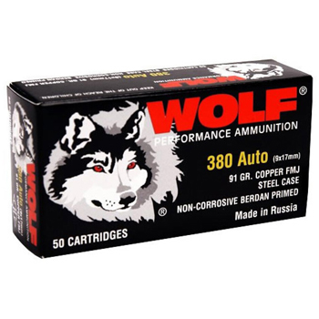 380 Auto (ACP) 90gr FMJ Wolf Performance Ammo Box (50 rds)