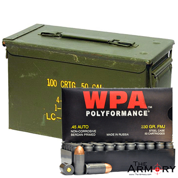 45 ACP (45 Auto) 230gr FMJ Wolf WPA Polyformance Ammo in a 50 Cal Ammo Can (500 rds)