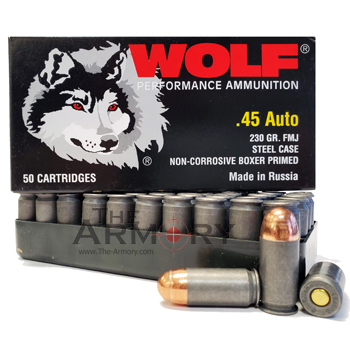 45 ACP (45 Auto) 230gr FMJ Wolf Performance Ammo Box (500 rds)