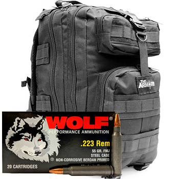 223 Rem 55gr FMJ Wolf Performance Ammo - 500rds in The Armory Black Backpack