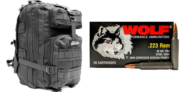 500 Rounds of Wolf 223 Ammo in a Black Tactical Backpack