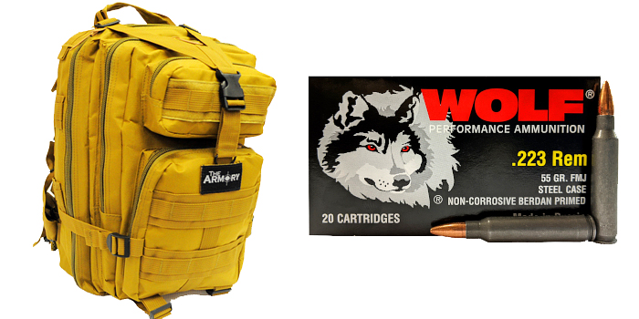 500 Rounds of Wolf 223 Ammo in a tan Tactical Backpack