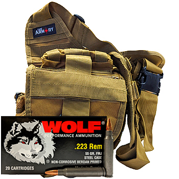 223 Rem 55gr FMJ Wolf Performance Ammo - 280rds in The Armory Tan Shoulder Bag