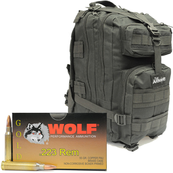 223 Wolf Gold 55gr FMJ - 1000 Rounds in Black Armory Tactical Backpack