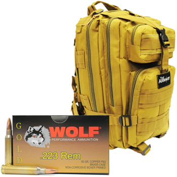 223 Wolf Gold 55gr FMJ - 1000 Rounds in Tan Armory Tactical Backpack