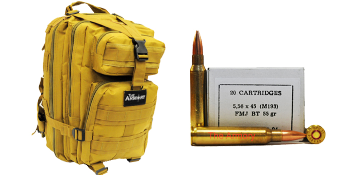 5.56x45mm 55gr FMJBT M193 PPU Ammo in The Armory Tan Backpack