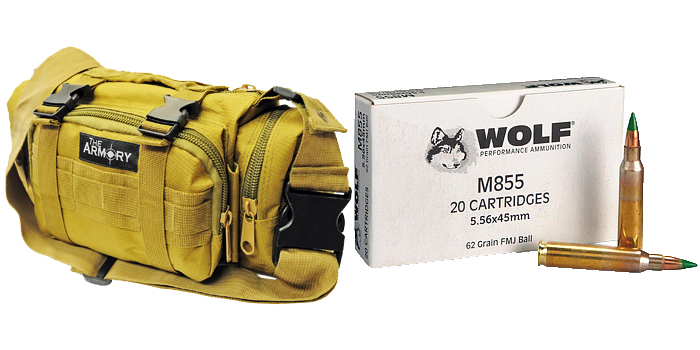 5.56x45 62gr FMJ M855 Wolf Ammo 120 Rounds in The Armory Tan Range Bag