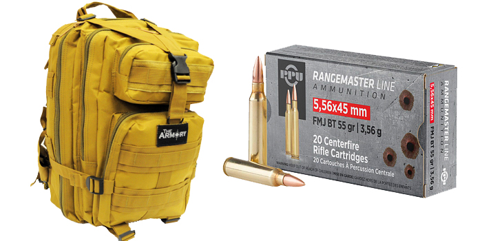 5.56x45 55gr FMJBT PPU Rangemaster Ammo 500rds in The Armory Tan Backpack