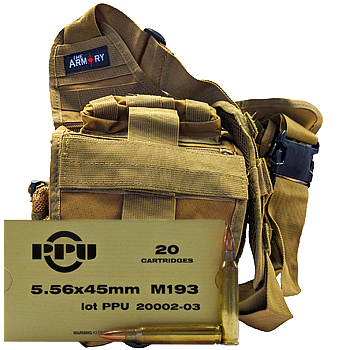 5.56x45mm M193 55gr FMJ PPU Ammo - 280rds in The Armory Tan Shoulder Bag