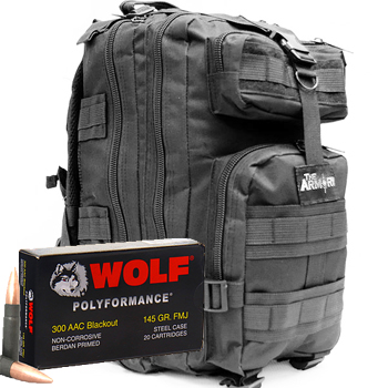 300 AAC Blackout 145gr FMJ Wolf Polyformance Ammo in The Armory Black Backpack (500 rds)