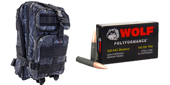 500 Rounds of Wolf 300 AAC Blackout Ammo in a Black Python Backpack