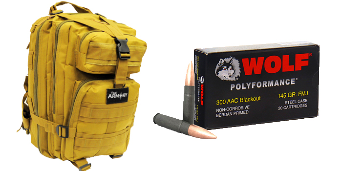 500 Rounds of Wolf 300 BLK in a tan Backpack