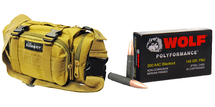 200 Rounds of Wolf Polyformance 300 AAC Blackout in tan Range Bag