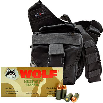 45 ACP 230gr FMJ Wolf MC Ammo - 200rds in The Armory Black Shoulder Bag