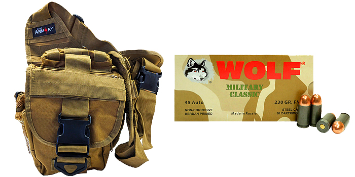 200 Rounds of Wolf 45 ACP Ammo in Tan Shoulder Bag
