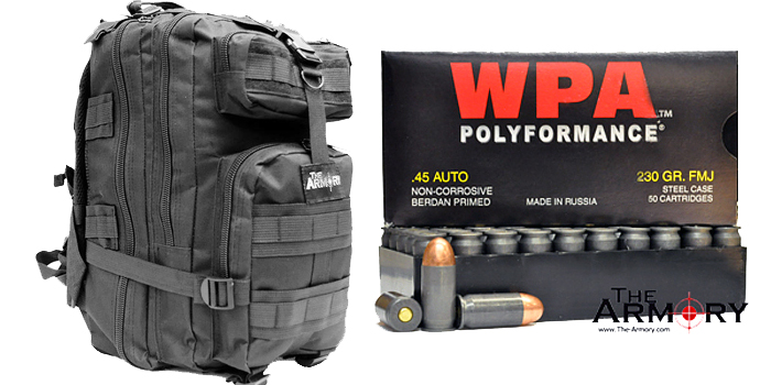 500 Rounds of Wolf 45 ACP Ammo 230gr in Black Backpack