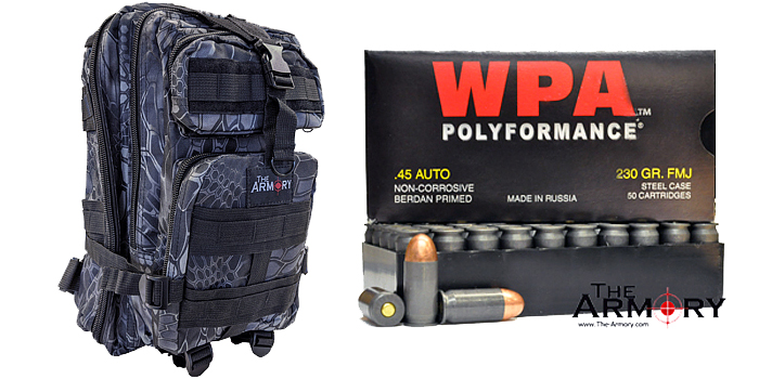 500 Rounds of Wolf 45 ACP Ammo in Black Python Backpack