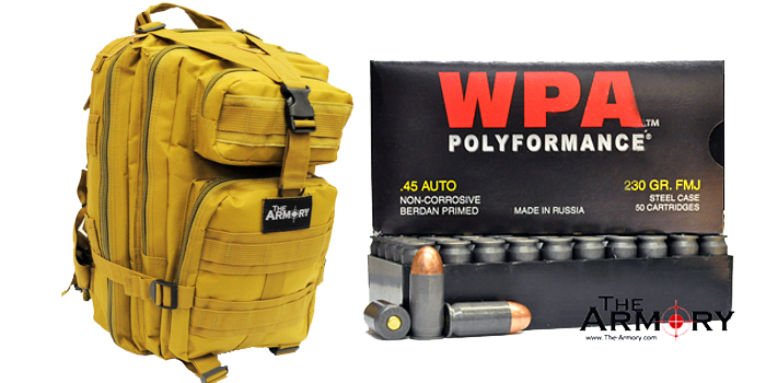 1000 Rounds of Wolf WPA 45 ACP Ammo in Tan Backpack