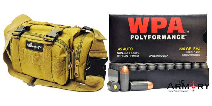 350 Rounds of Wolf WPA 45 ACP Ammo in tan Range Bag