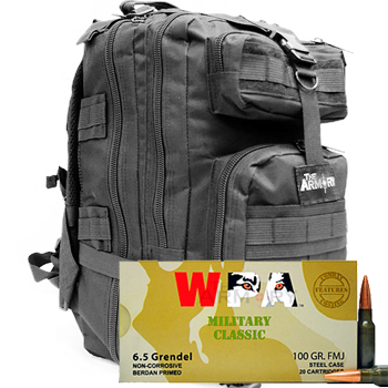 6.5 Grendel 100gr FMJ Wolf WPA MC Ammo - 500rds in The Armory Black Backpack