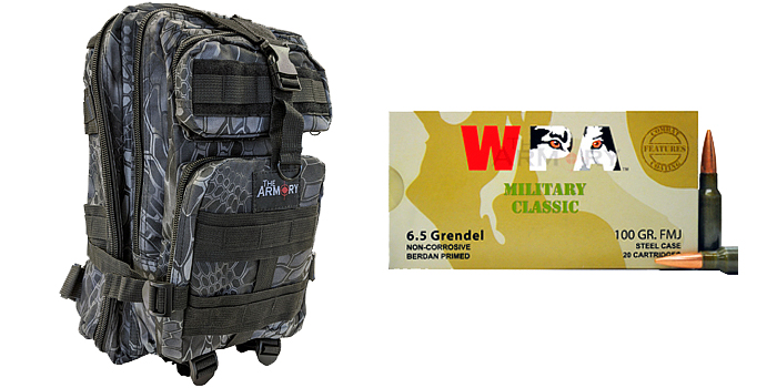 6.5 Grendel 100gr FMJ Wolf WPA MC Ammo 500 Rounds in Black Python Backpack
